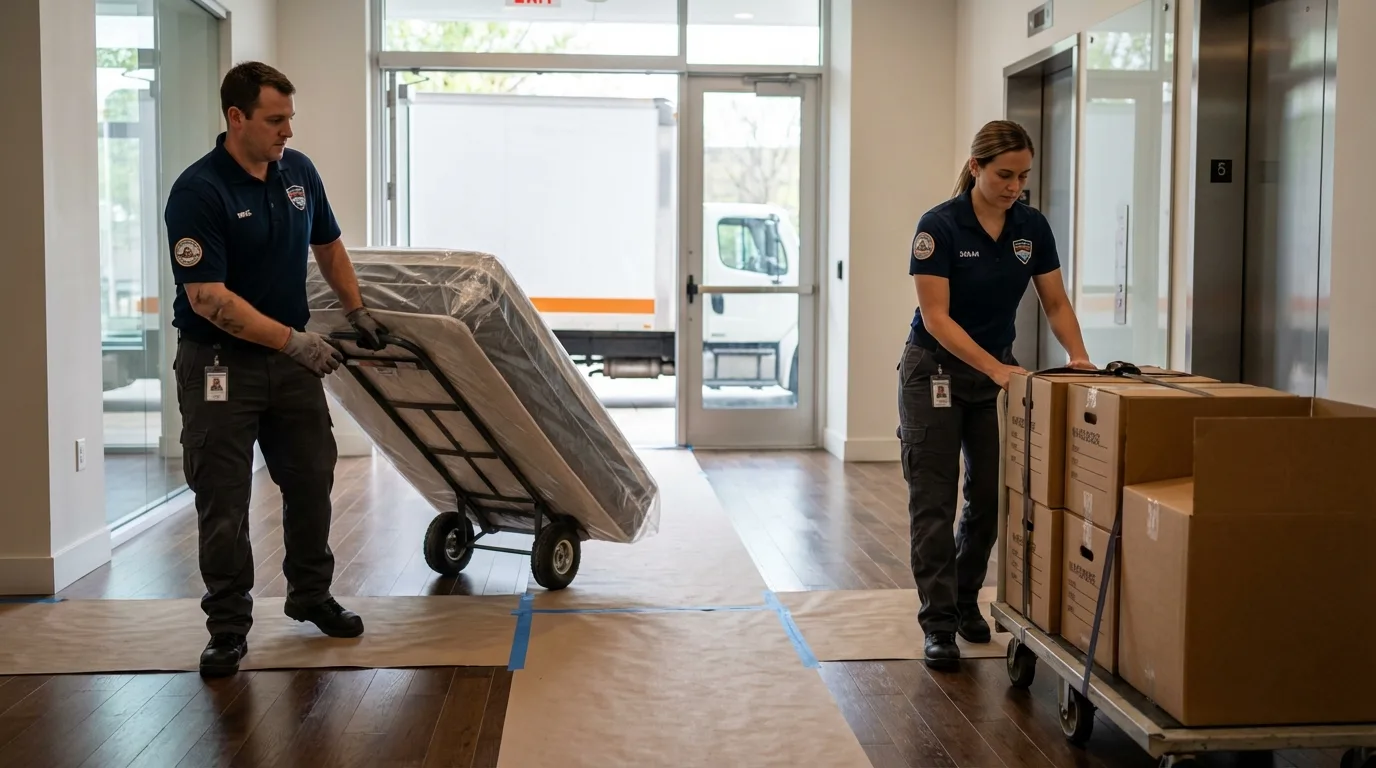 Professional apartment movers loading elevator in Thompson, ND