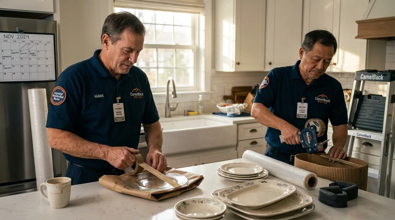 Professional crew packing kitchen dishware in Thompson, ND